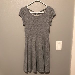 Light gray t-shirt dress with a criss-cross back.